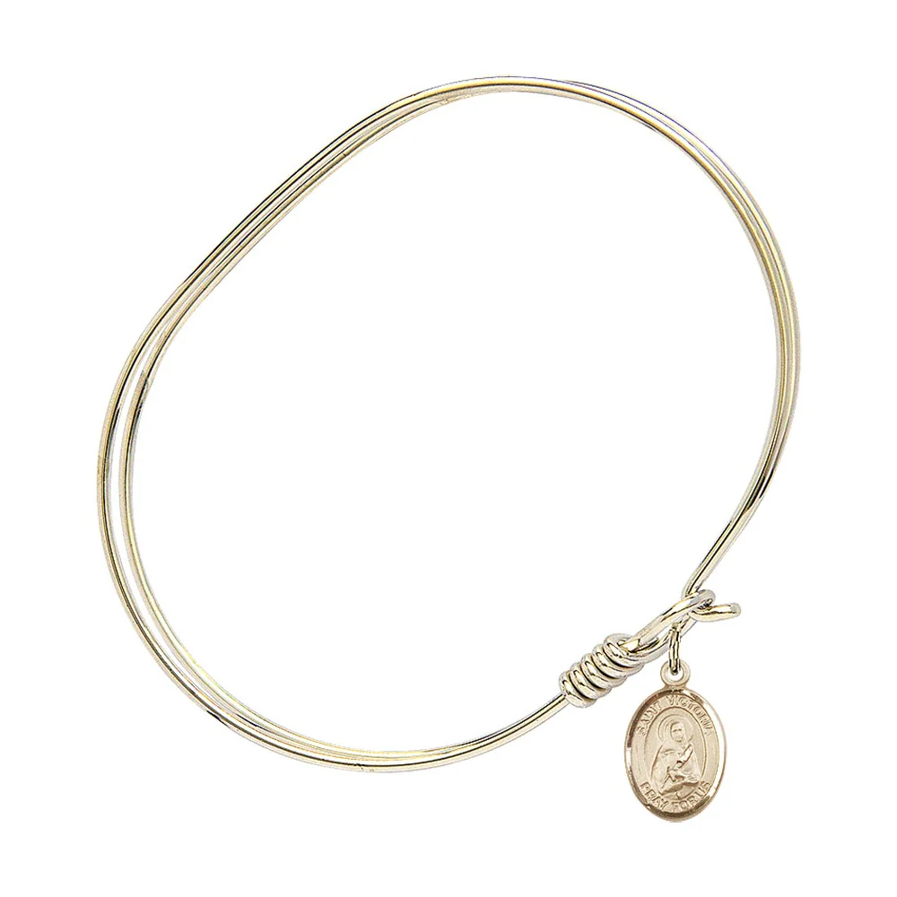 Adult 7" Oval Gold Plated Bangle Bracelet with St. Victoria Medal Charm - Image 2