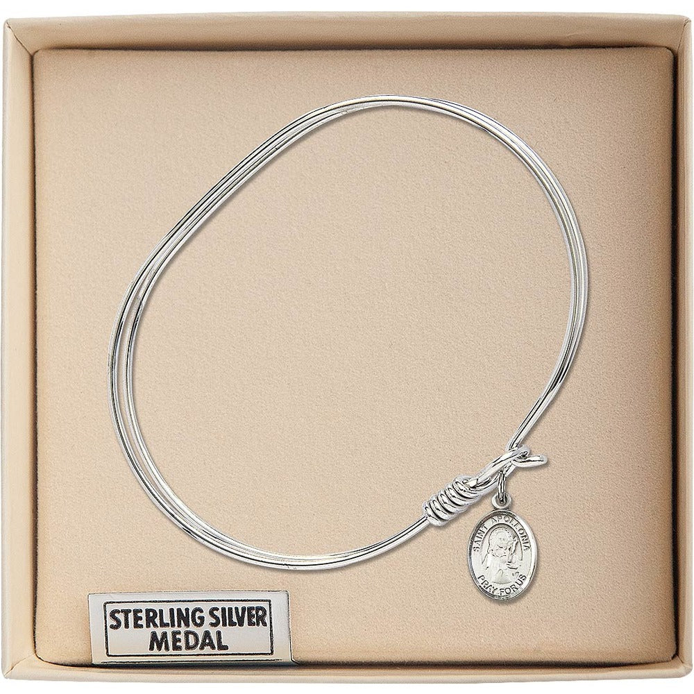 Adult 7" Oval  Rhodium Plated Bangle Bracelet with St. Apollonia Medal Charm - Image 3