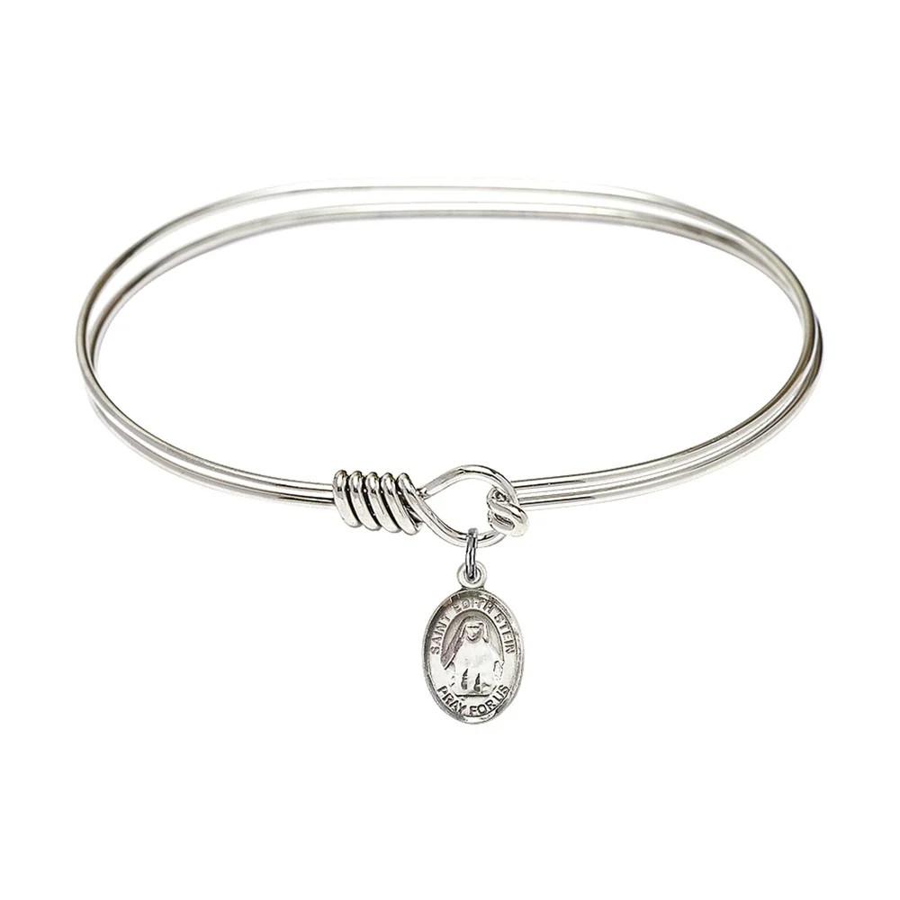 Adult 7" Oval  Rhodium Plated Bangle Bracelet with St. Edith Stein Medal Charm