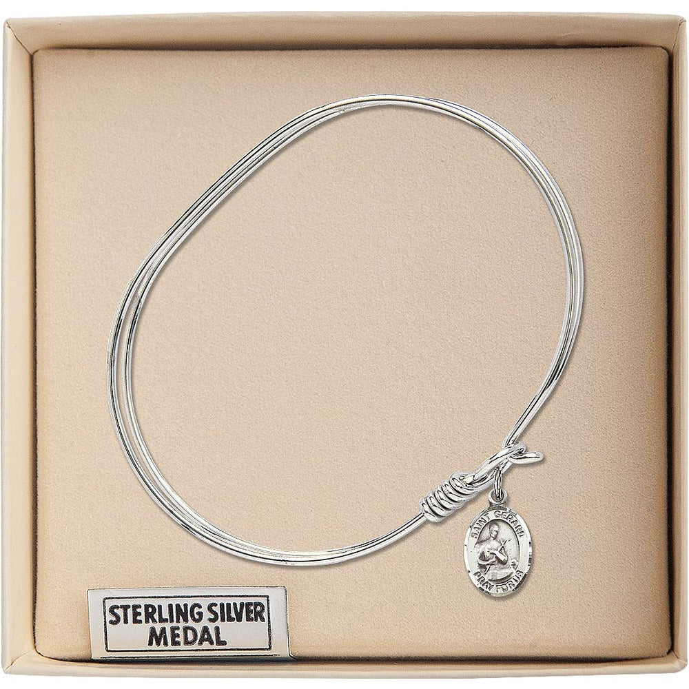Adult 7" Oval Rhodium Plated Bangle Bracelet with St. Gerard Majella Medal Charm - Image 3