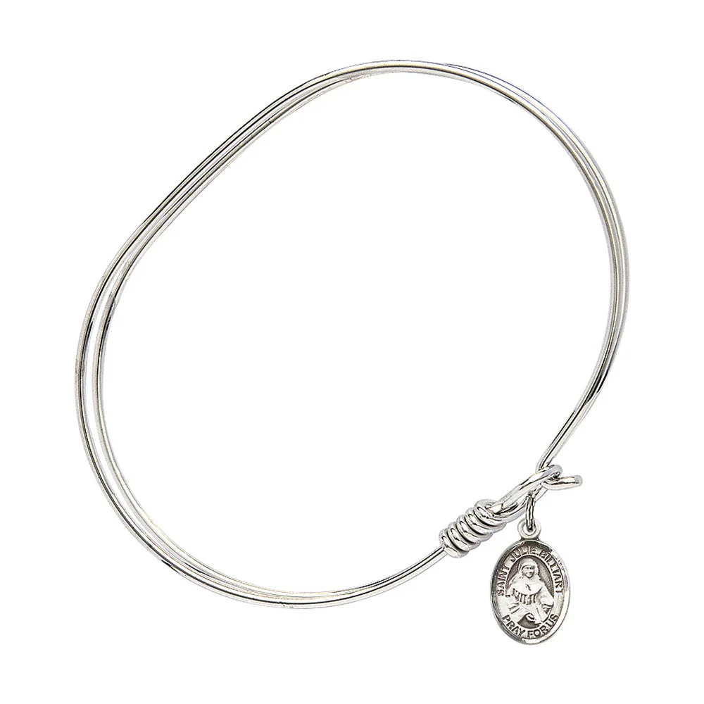 Adult 7" Oval  Rhodium Plated Bangle Bracelet with St. Julie Billiart Medal Charm - Image 2