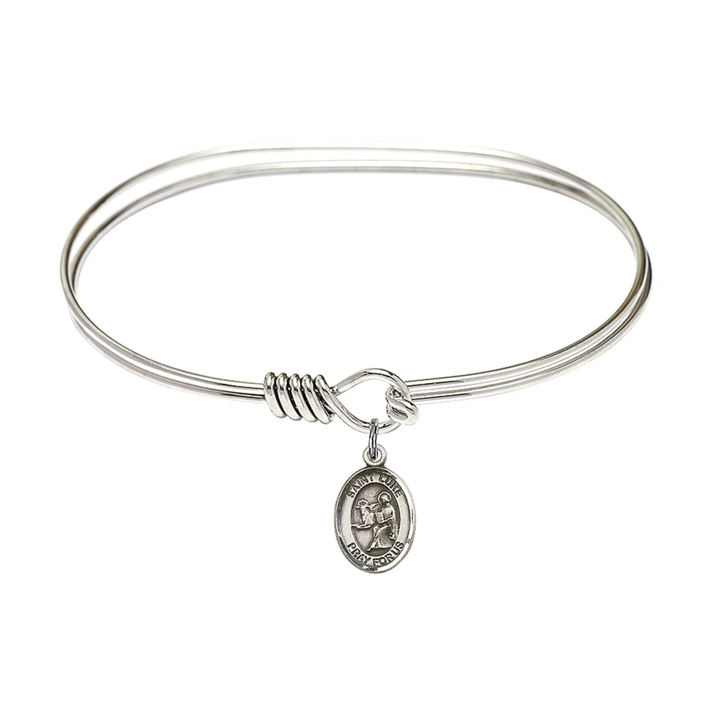 Adult 7" Oval  Rhodium Plated Bangle Bracelet with St. Luke the Apostle Medal Charm