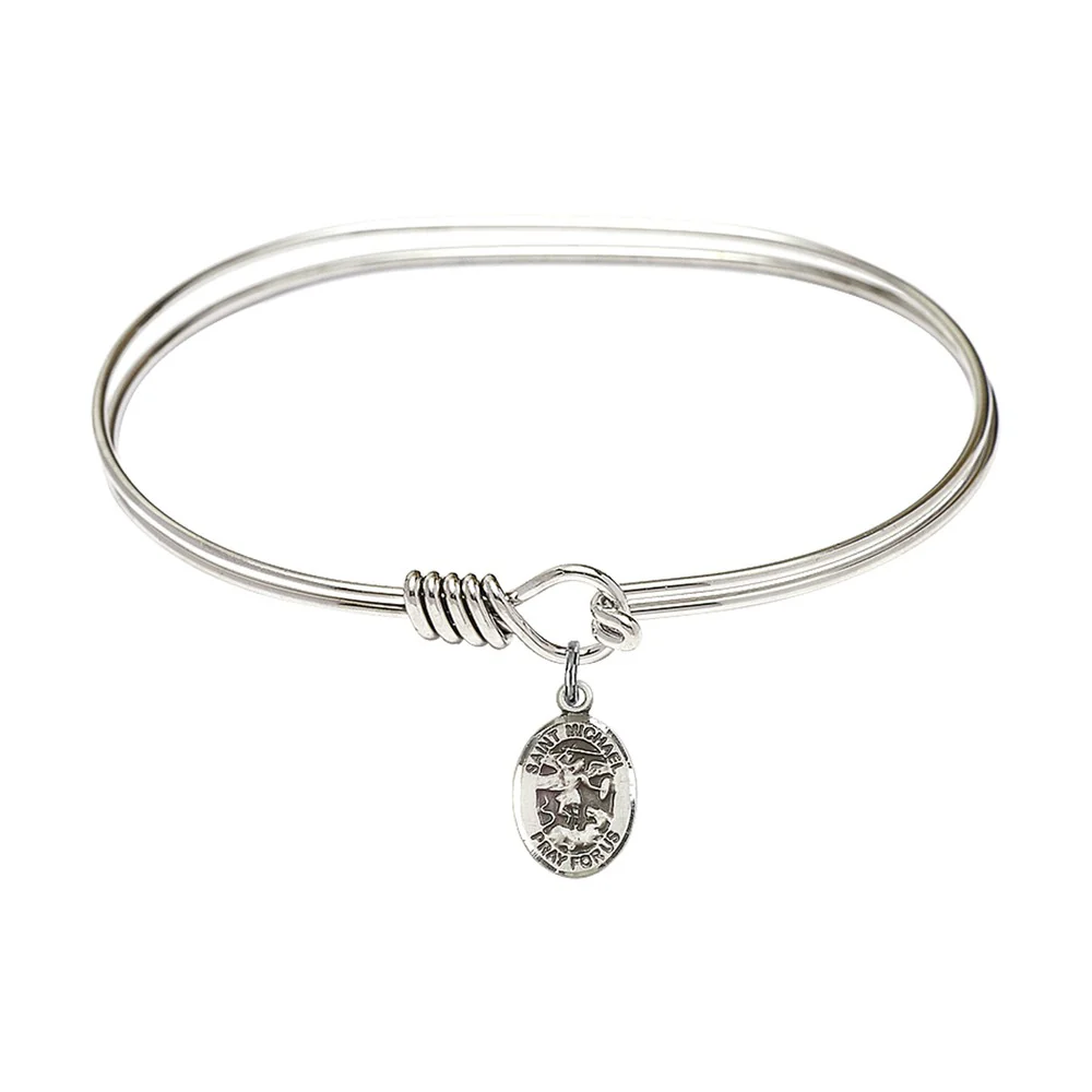 Adult 7" Oval  Rhodium Plated Bangle Bracelet with St. Michael the Archangel Medal Charm