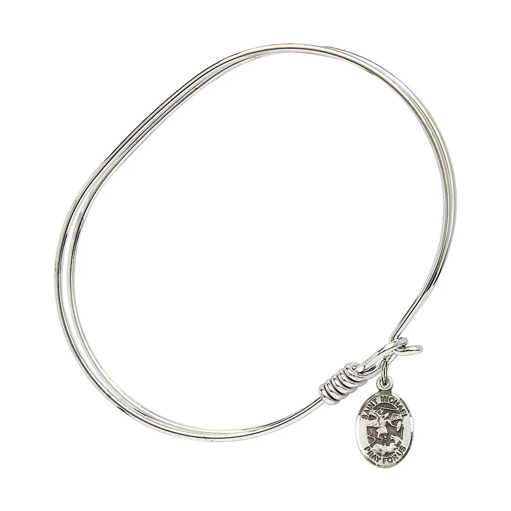 Adult 7" Oval  Rhodium Plated Bangle Bracelet with St. Michael the Archangel Medal Charm - Image 2