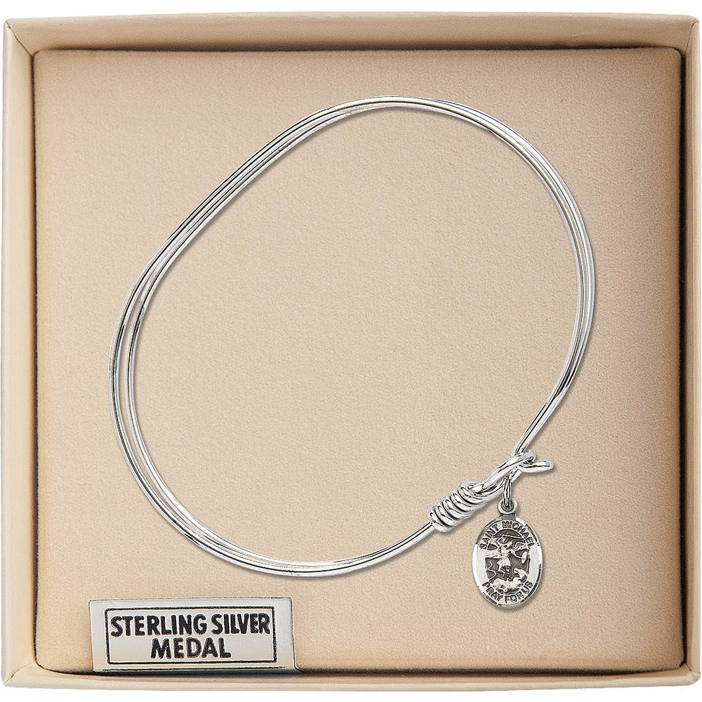 Adult 7" Oval  Rhodium Plated Bangle Bracelet with St. Michael the Archangel Medal Charm - Image 3