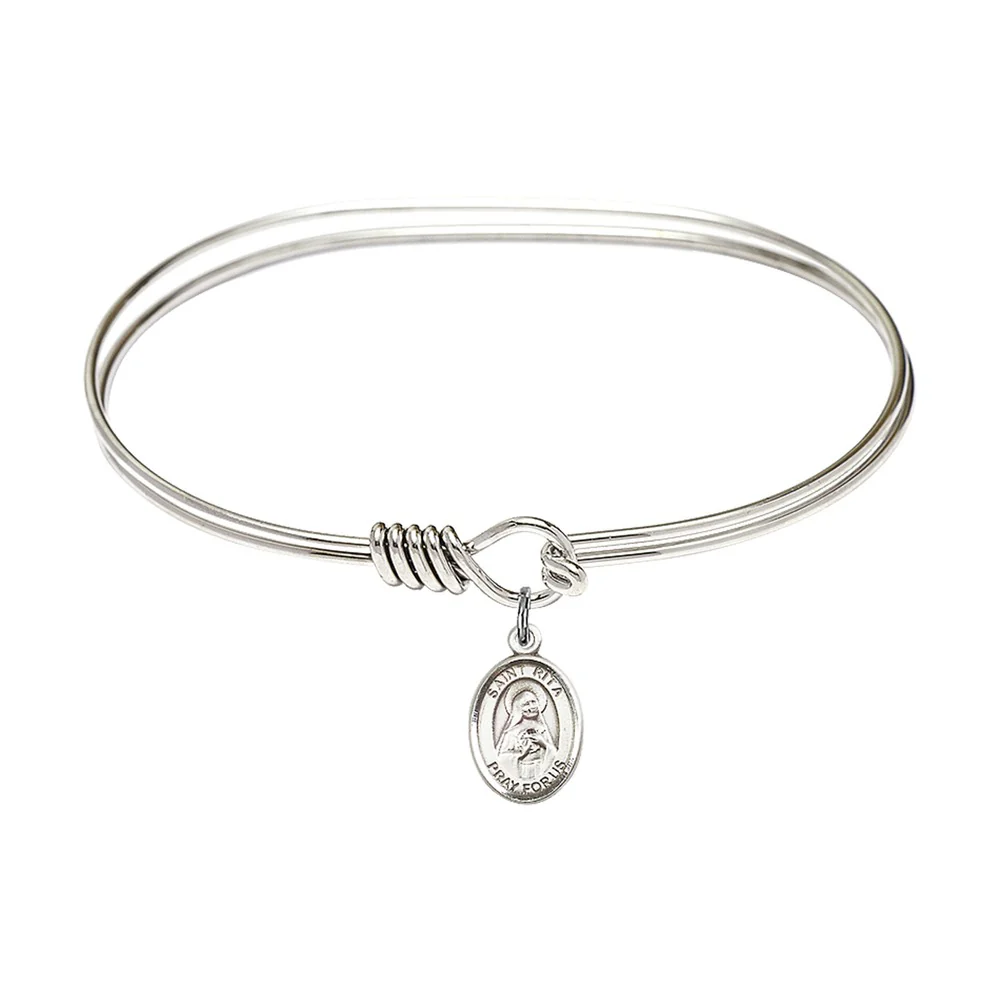 Adult 7" Oval  Rhodium Plated Bangle Bracelet with St. Rita of Cascia Medal Charm