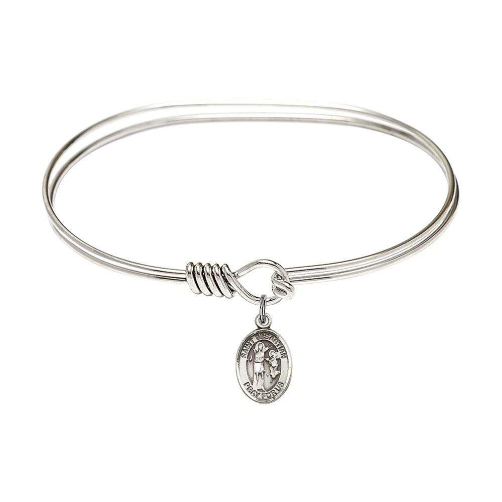 Adult 7" Oval  Rhodium Plated Bangle Bracelet with St. Sebastian Medal Charm