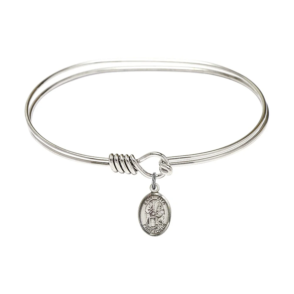 Adult 7" Oval  Rhodium Plated Bangle Bracelet with St. Zita Medal Charm