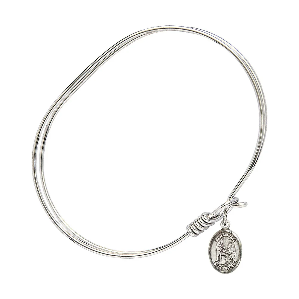 Adult 7" Oval  Rhodium Plated Bangle Bracelet with St. Zita Medal Charm - Image 2