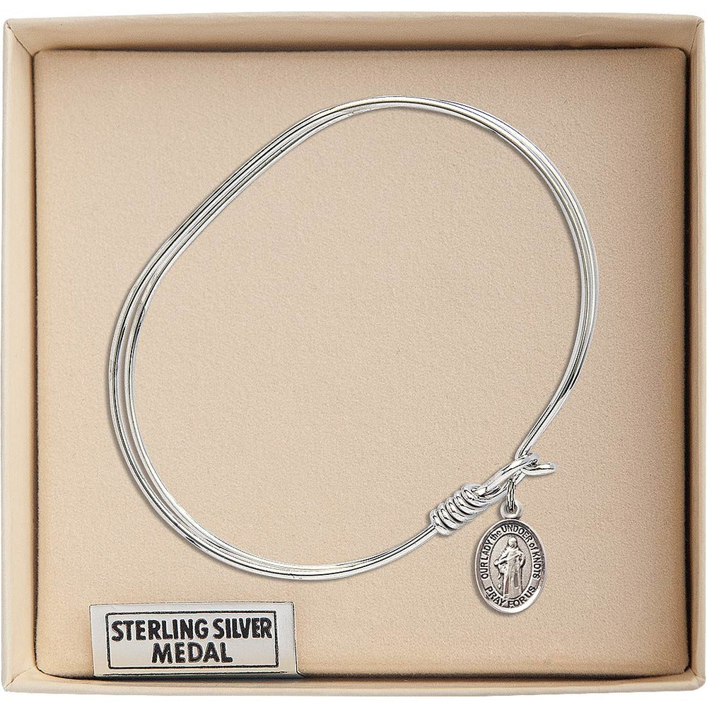 Adult 7" Oval Rhodium Plated Bangle with Our Lady the Undoer of Knots Medal - Image 3