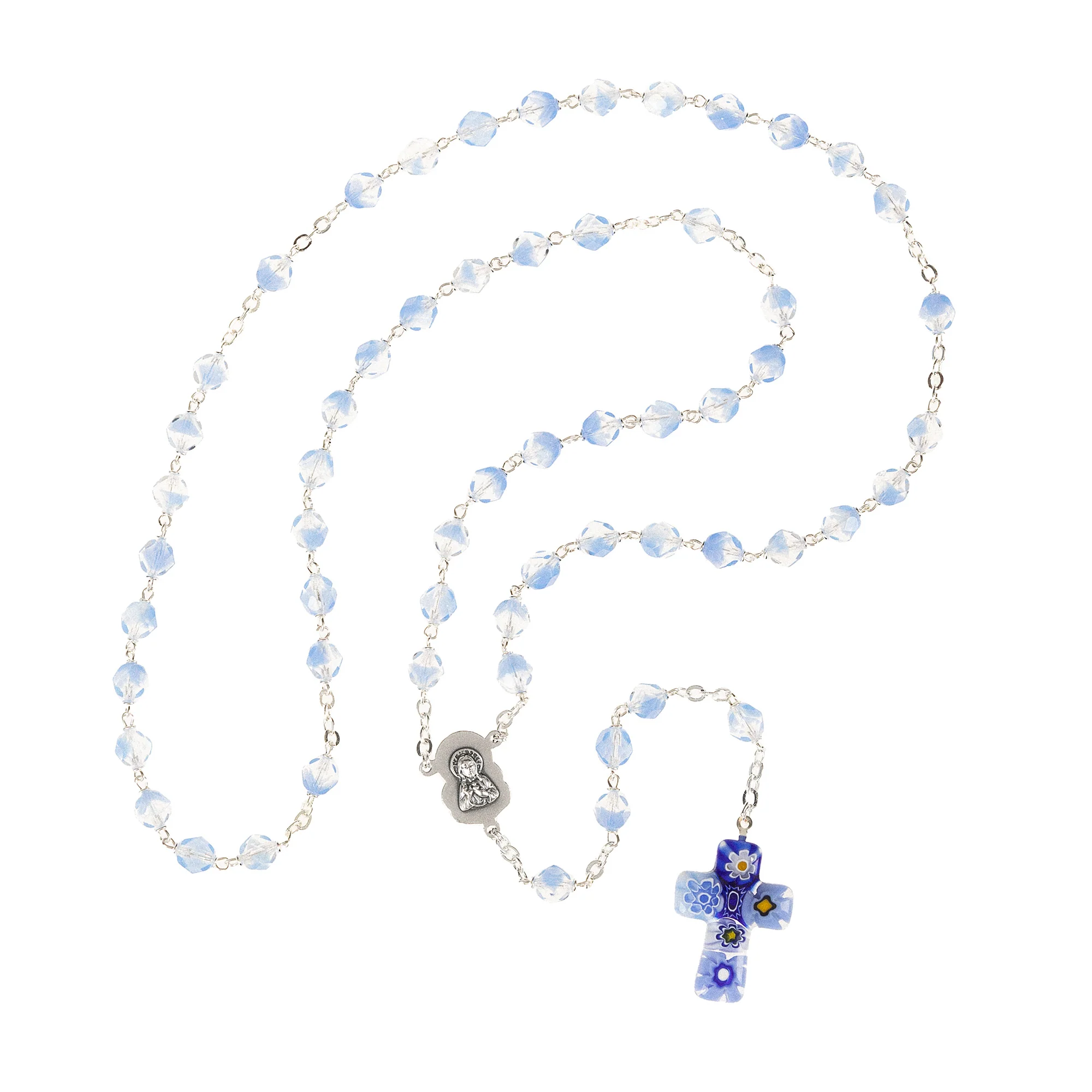 Blue Murano Flower Cross Crystal Rosary - Image 2