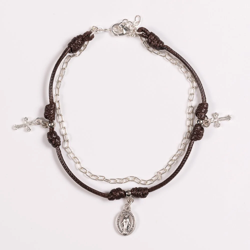 Double Strand Black or Brown Cord & Silver Anklet with Charms - Image 3