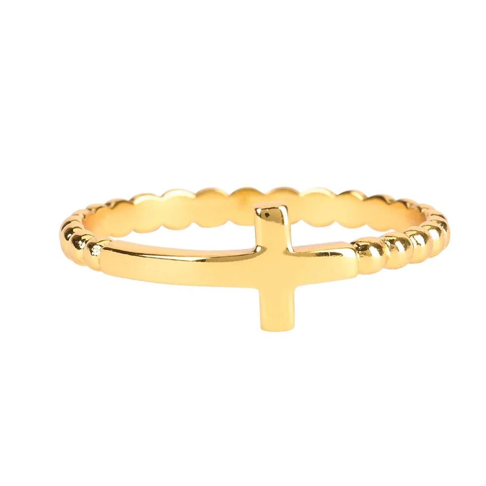 Gold Plated Beaded Band Horizontal Cross Ring