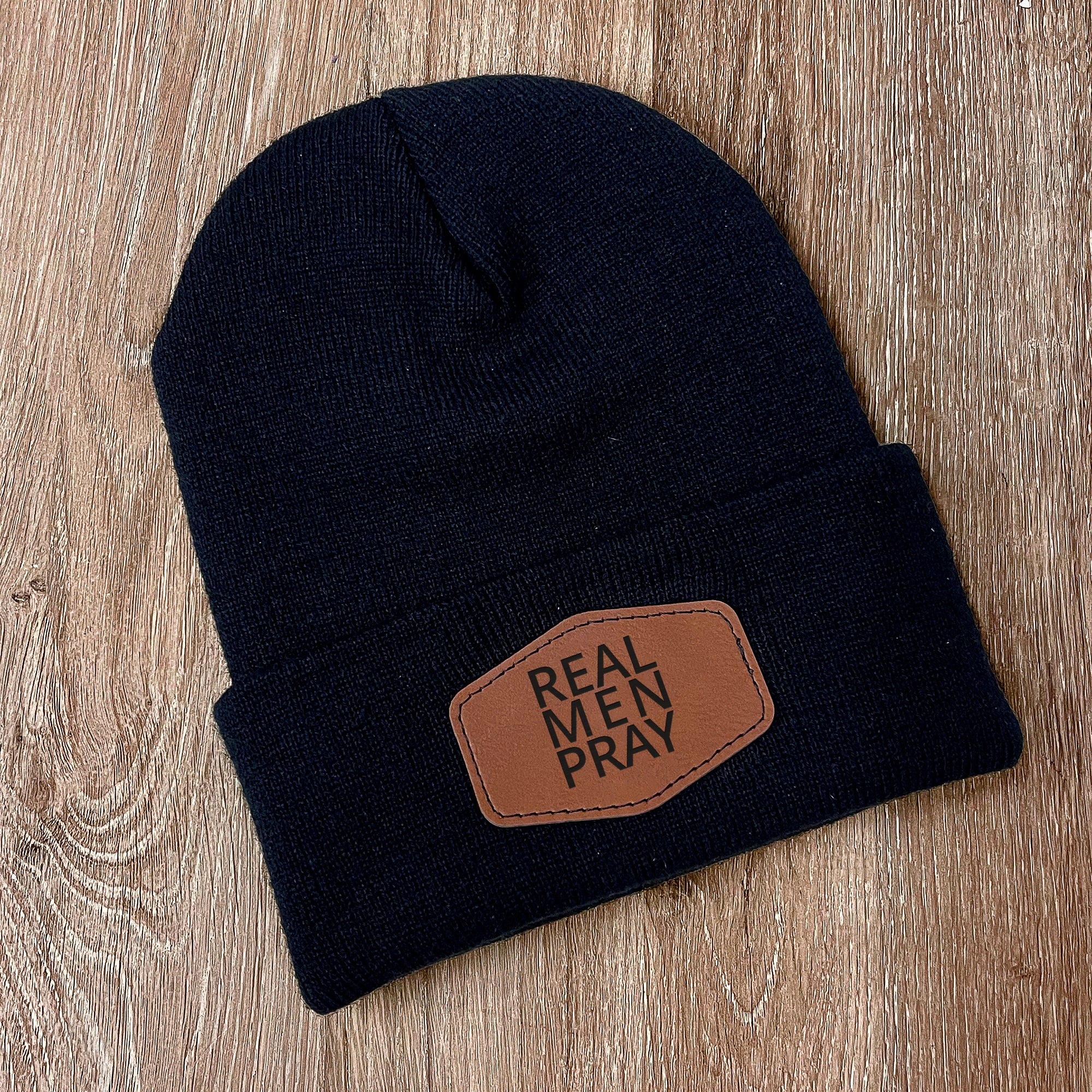 Real Men Pray Leather Patch Beanie