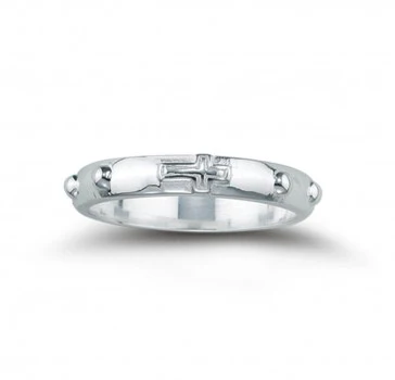 Women's Sterling Silver Sideways Cross Engraved Rosary Ring